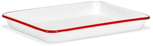 11" x 9" Enamelware Metal 2 Quart Rectangular Serving Tray, Solid White/Red Rim