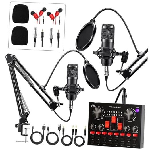 Podcast Equipment Bundle for 2, Audio Interface with Voice Changer Condenser