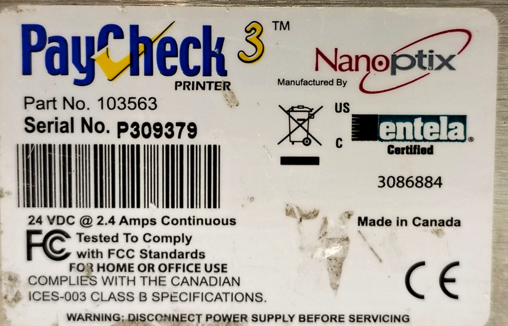NANO PTIX PAYCHECK PRINTER 24VDC @ 2.4A CLASS B 103563