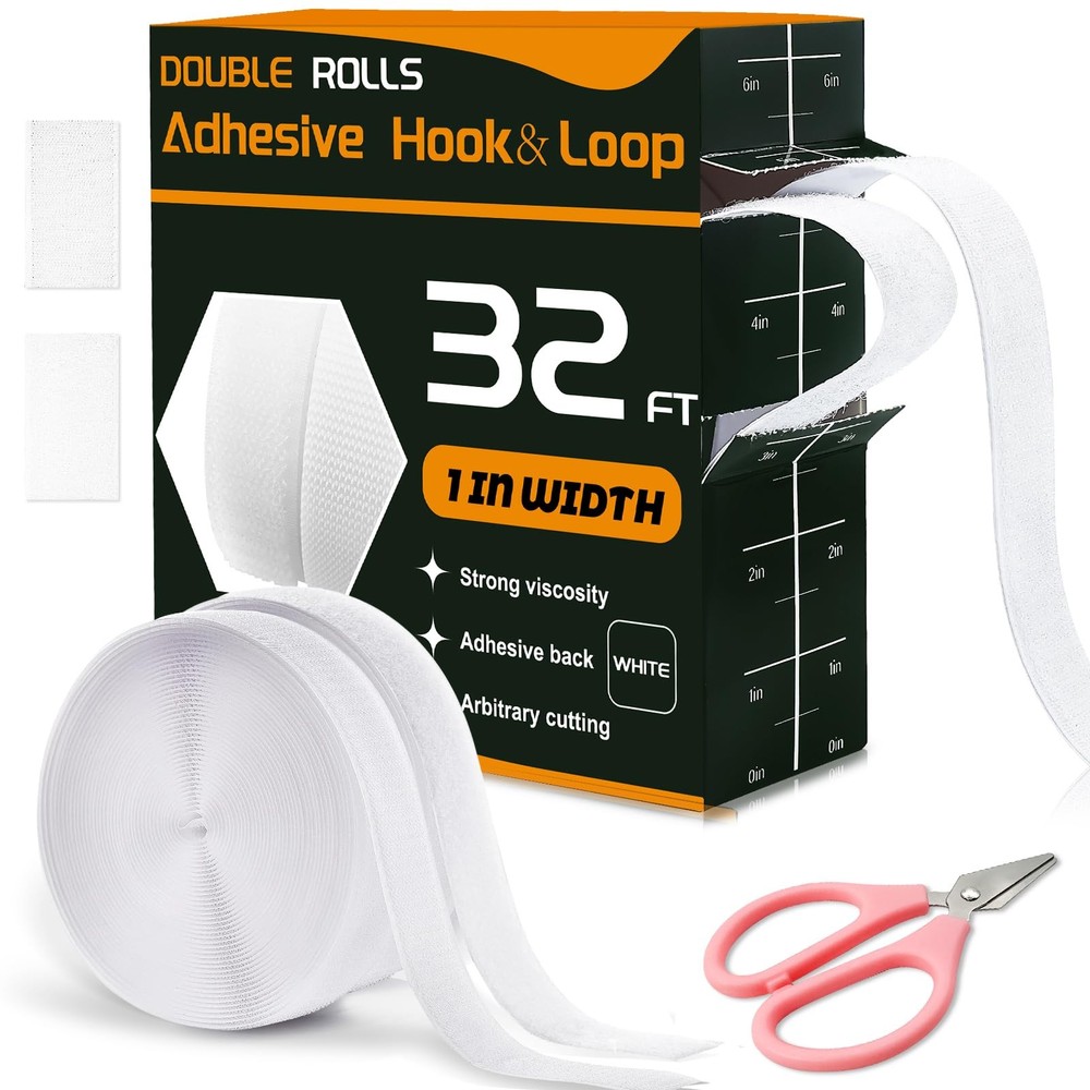 32 Ft × 1 Inch Hook and Loop Strips with Adhesive, 2 Rolls White Self Sticky ...