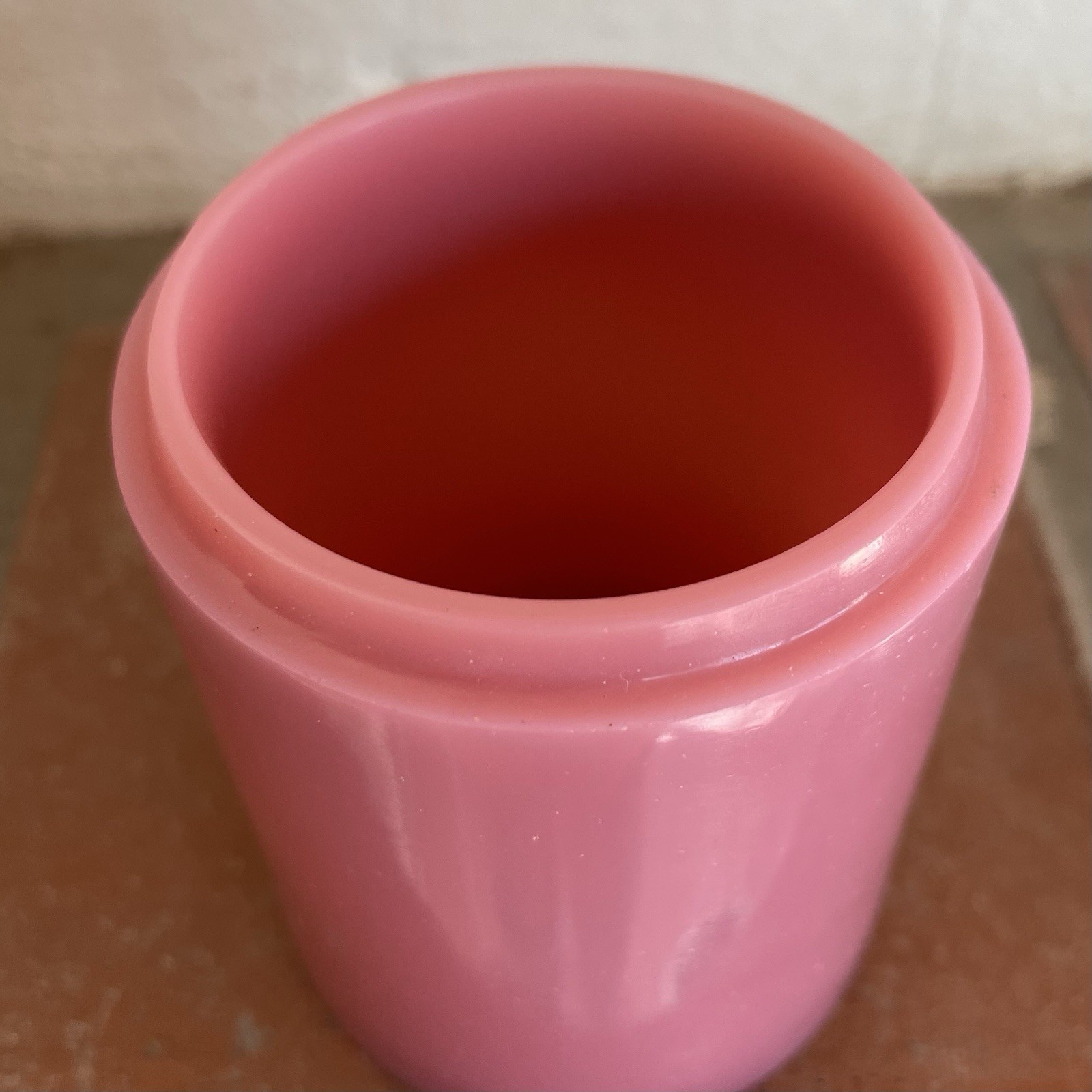 Vintage Chinese Opaque Pink Peking Glass Cup Jar Antique Etched Mark CHINA