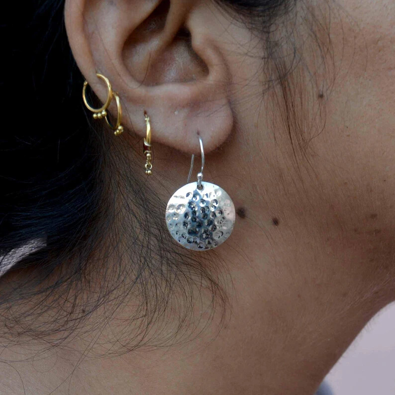 Sterling Silver Hammered Disc Earrings Circle Dangle Earrings Round Domed