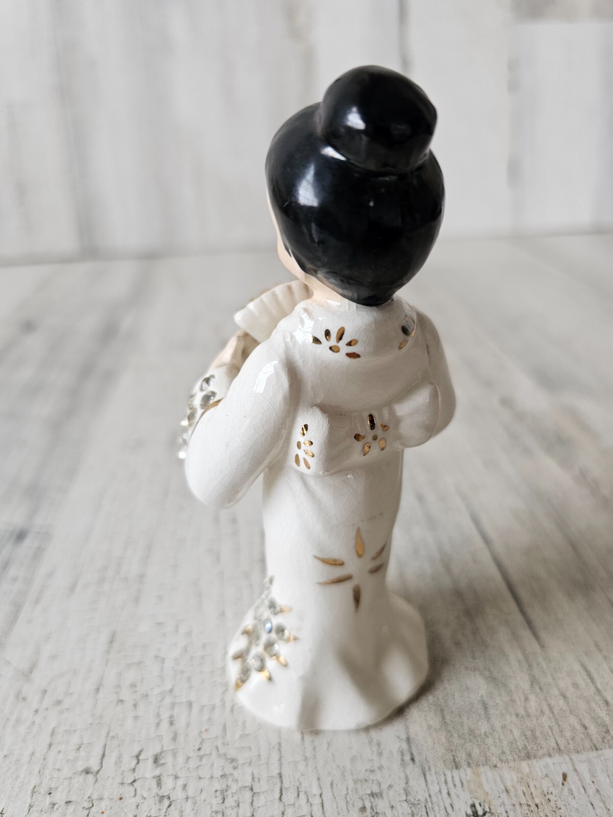 Lefton vintage geisha lady fan statue figurine rhinestone Japanese