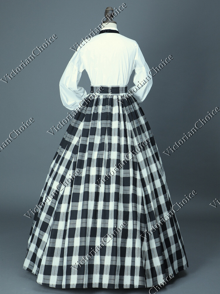 Victorian Civil War Dickens Black and White Tartan Dress Theater Costume 314