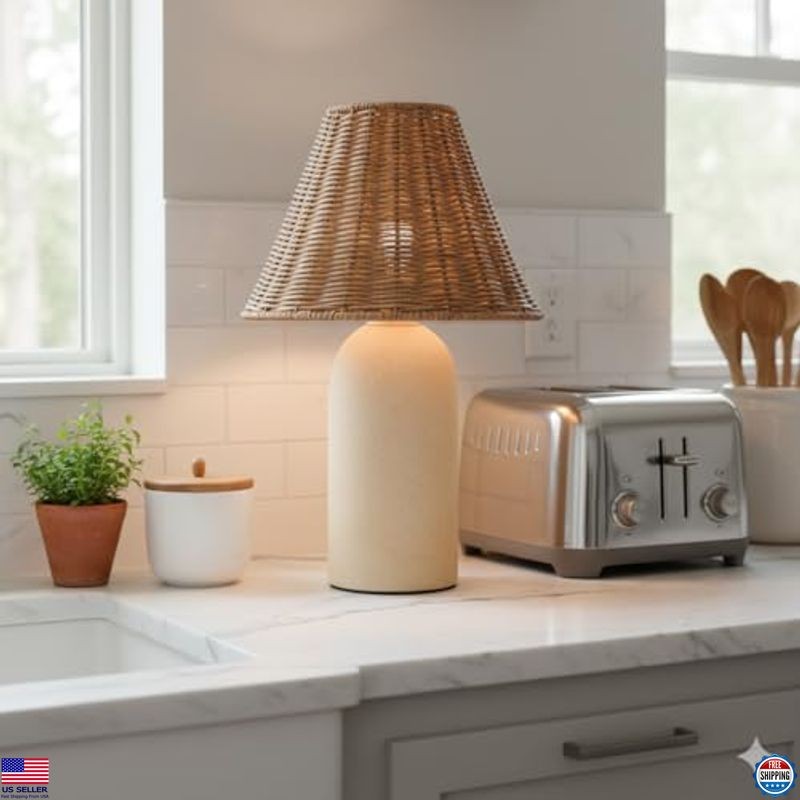 14" Mini Wicker Table Lamp - Ceramic Base, Rattan Shade, Dimmable Boho Light
