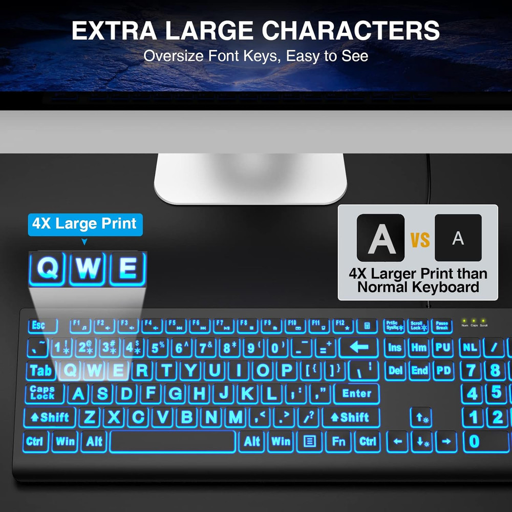 Large Print Backlit Keyboard, Wired USB Lighted Computer Keyboard