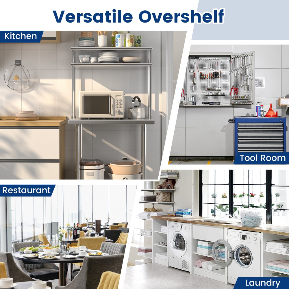 36" 2-Tier Overshelf for Prep & Worktable Stainless Steel Adjustable Lower Shelf