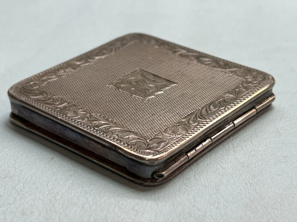 Antique 835 Solid Silver Ladies Powder Box Engraved Hallmark with Initials MJ