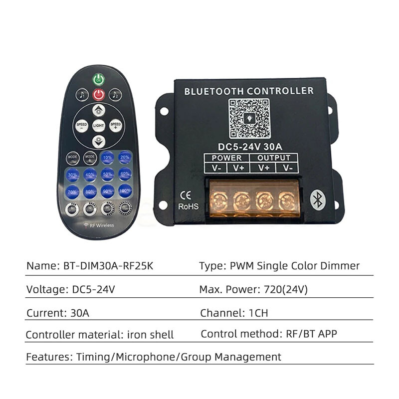 Smart LED Bluetooth Controller DC 5V 12V 24V 30A Dimmer With RF 25-Key Remote