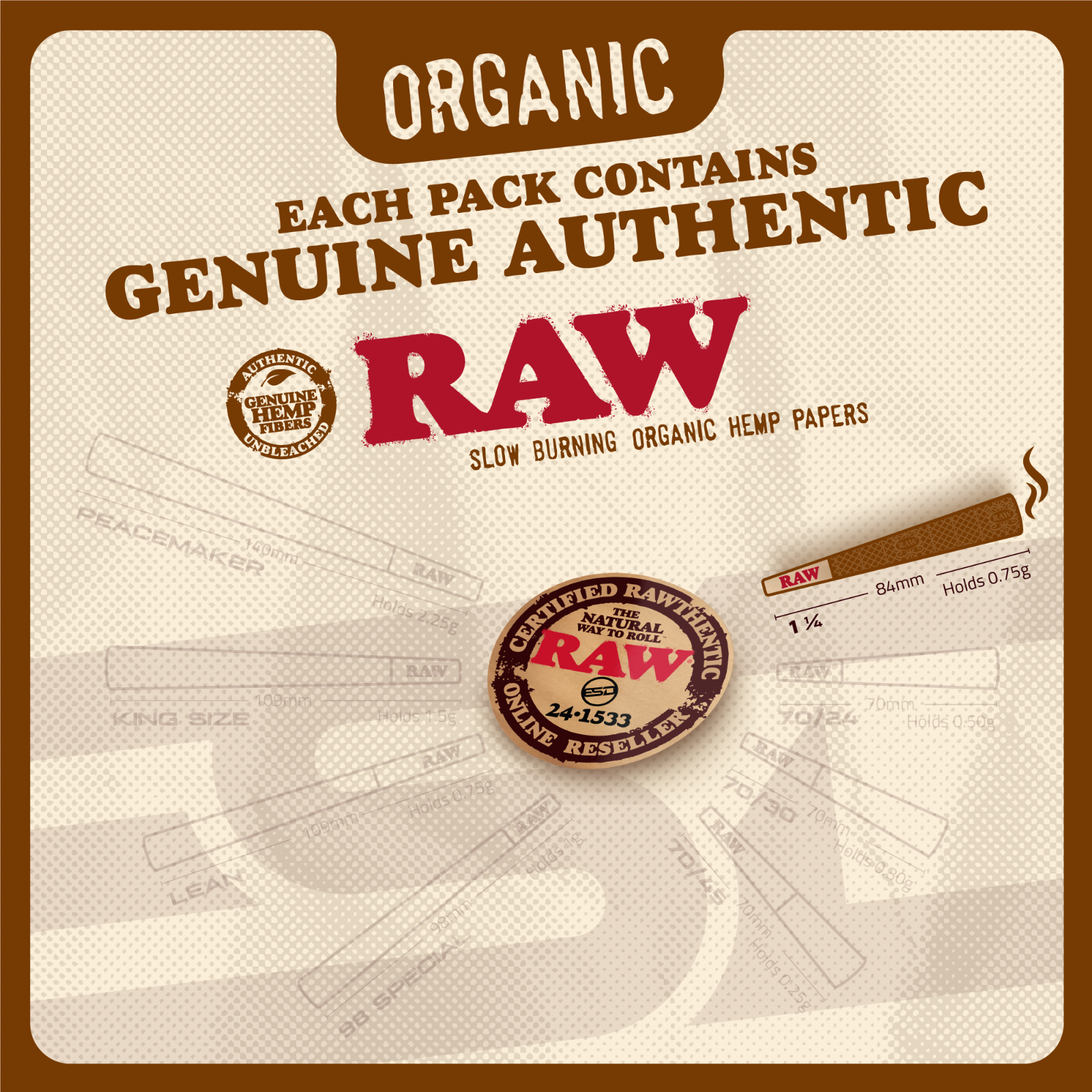 RAW Organic 1 1/4 Size Pre-Rolled Cones | 100 Pack | Slow Burning Papers