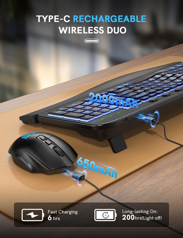 Ergonomic Wireless Keyboard and Mouse Combo - Wave Keyboard with Soft Leather