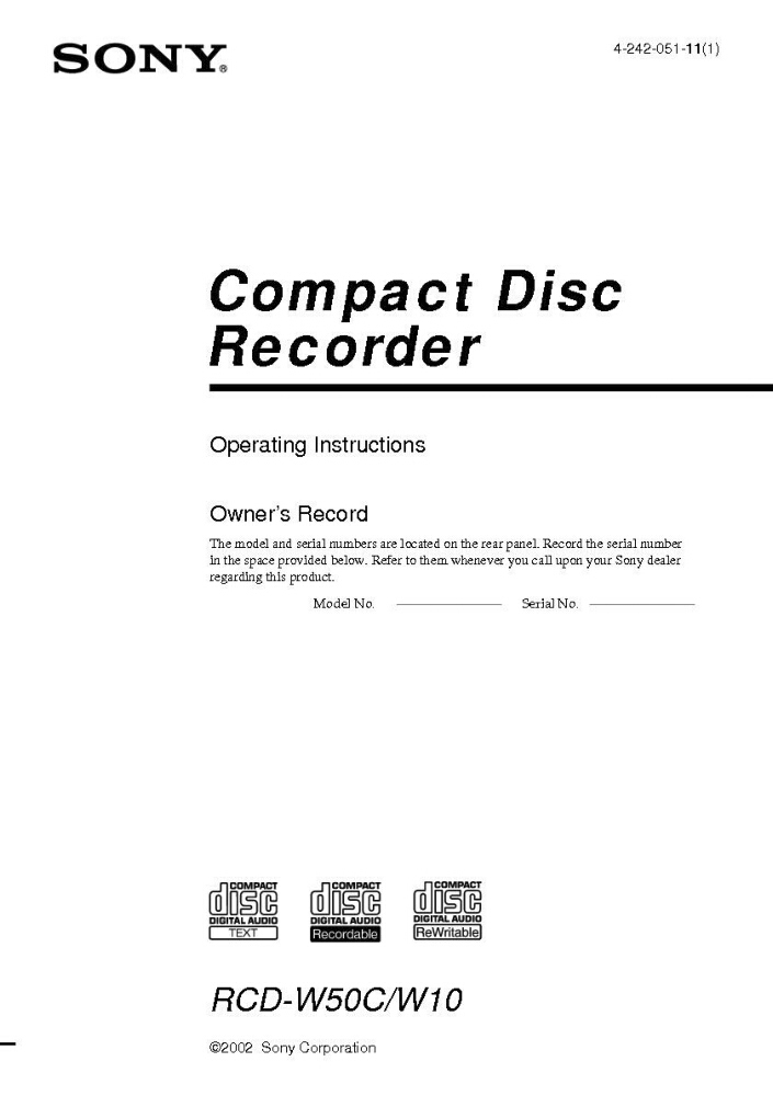 Sony RCD-W50C CD Recorder Owners Manual