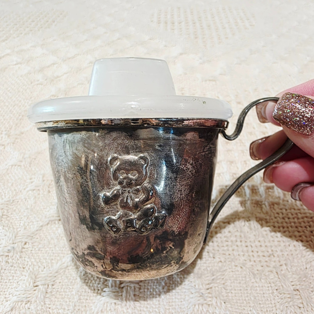Vintage Silverplate Baby's First Sippy Cup Mug with Teddy Bear Design