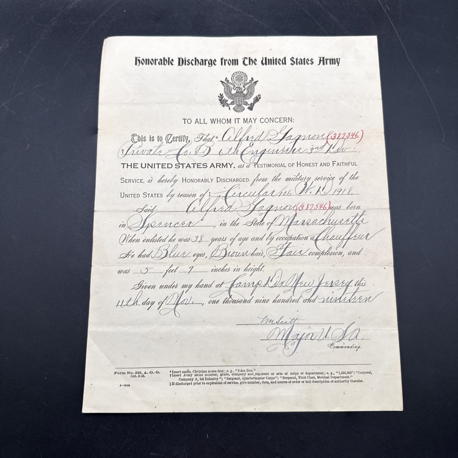 WWI 1918 3rd Infantry Division 6th Engineers Co. B Honorable Discharge Army AEF