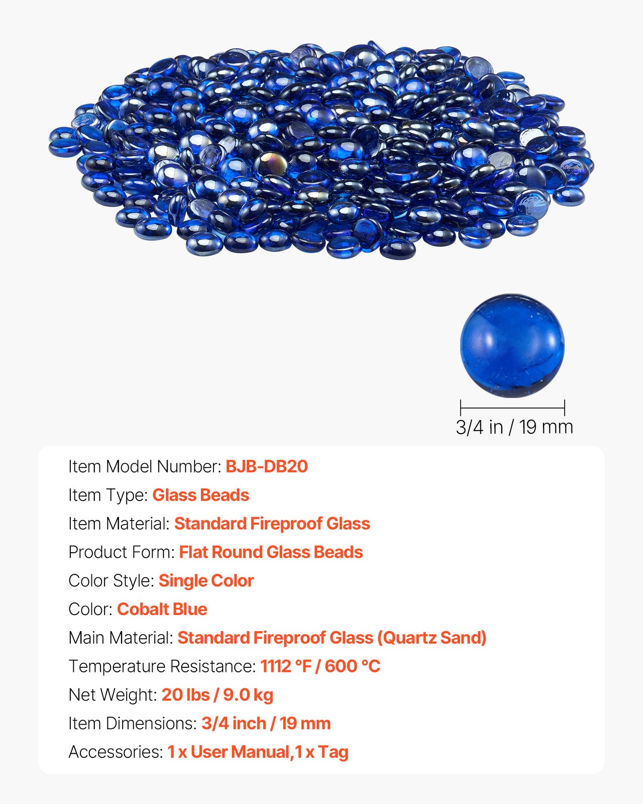 VEVOR 20 LBS Fire Glass 3/4-Inch Round Fireplace Glass Rocks for Fire Pit