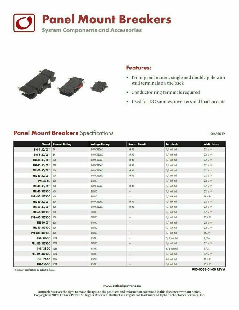 OutBack Power Panel Mount Breakers PNL-175-DC, PNL-250-DC