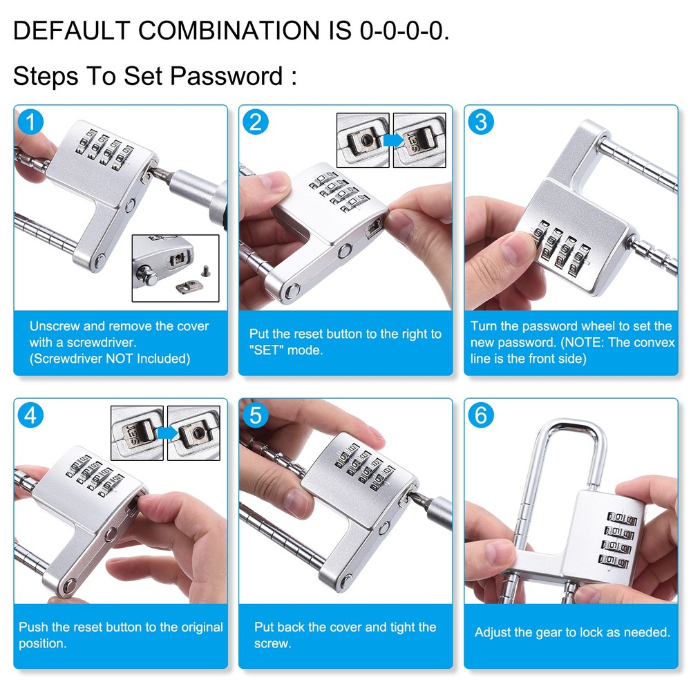 Cabinet Password Padlock Adjustable Long Shackle Lock 4 Digit Combination Silver