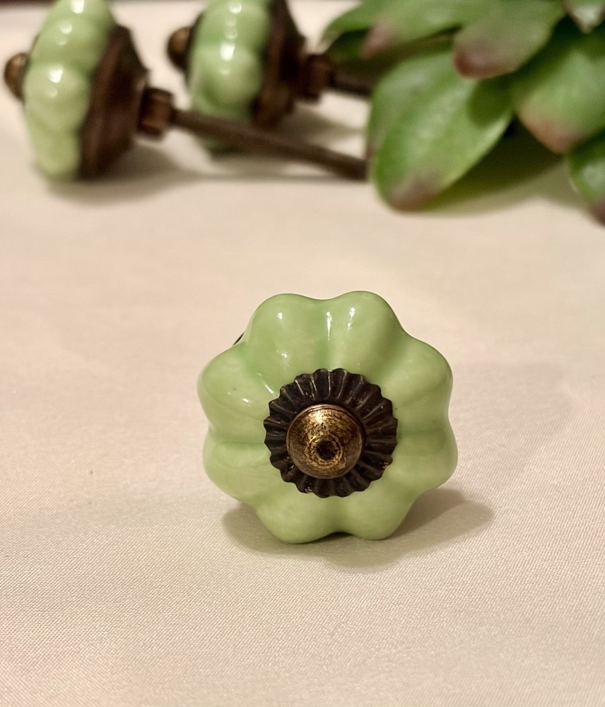 4 Light Green Ceramic Melon Knobs Antique Vintage Green Drawer Pulls
