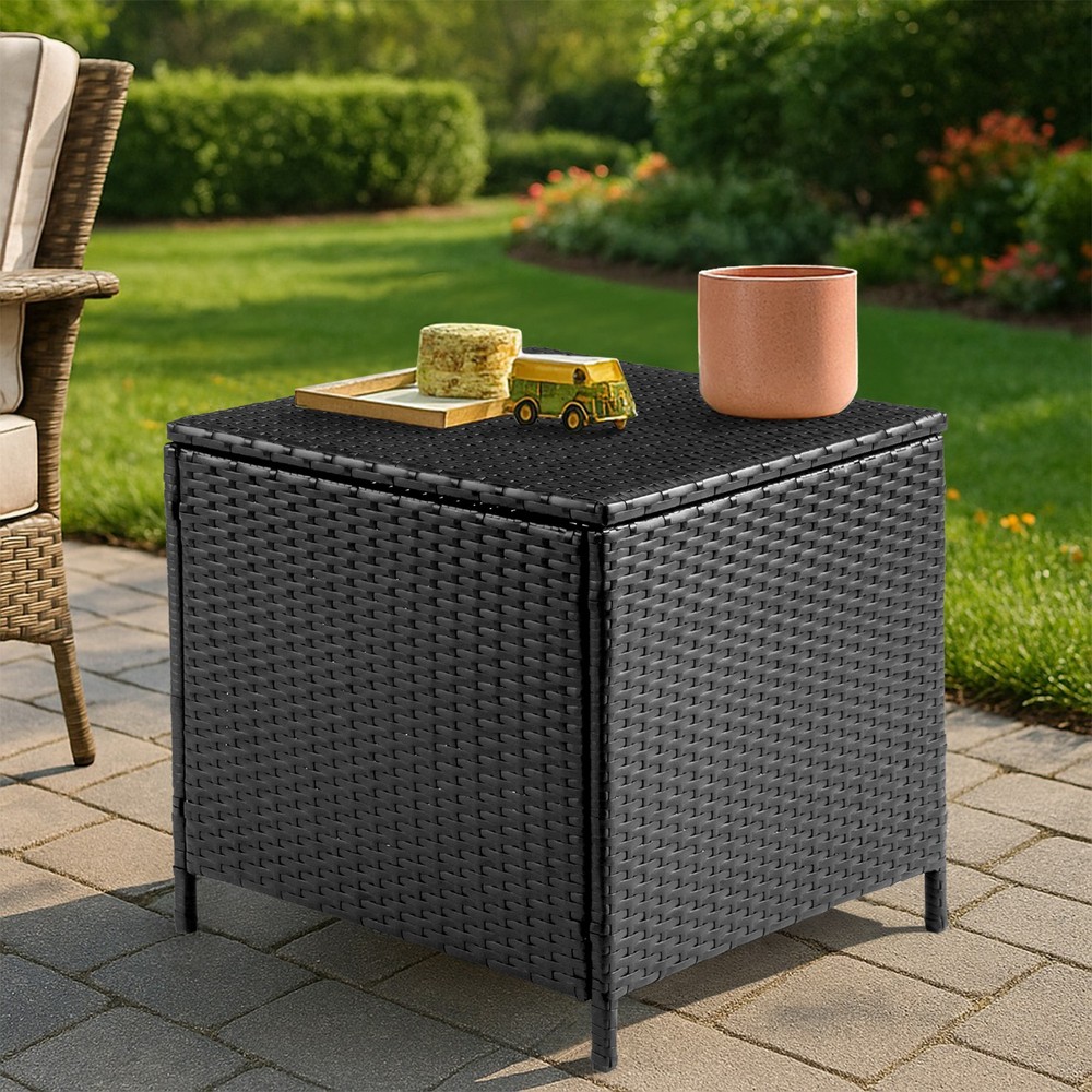 PE Wicker Side Table with Storage, Patio Rattan End Table Square Container