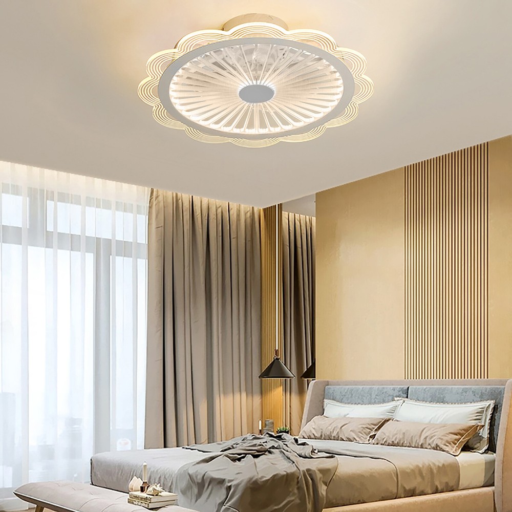 Flush Mount Ceiling Fan Light Dimmable LED Chandelier Fan W/ Remote Control