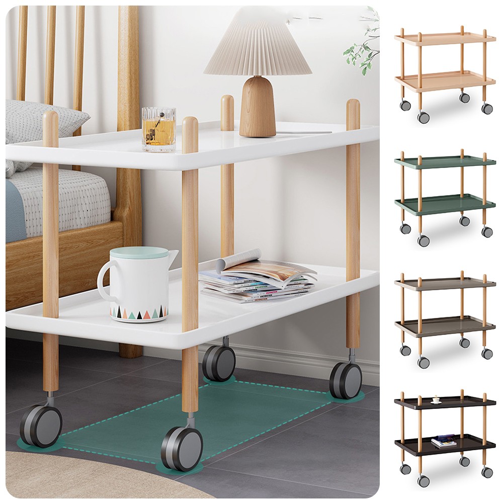 2 Layer Coffee End Table Rolling Side Table Nightstand Bedside with Shelves