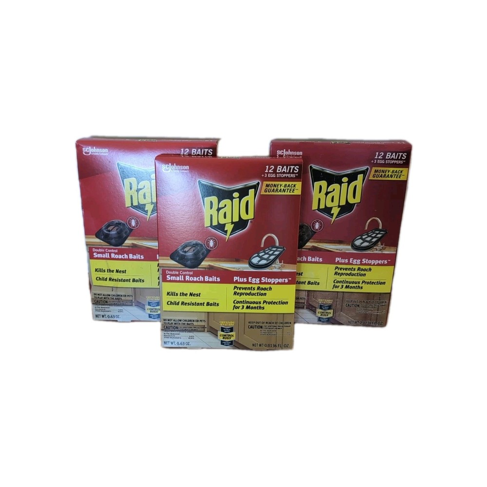 3 Raid Double Control 12 Small Roach Baits + 3 Egg Stoppers Kills & Sterilizes