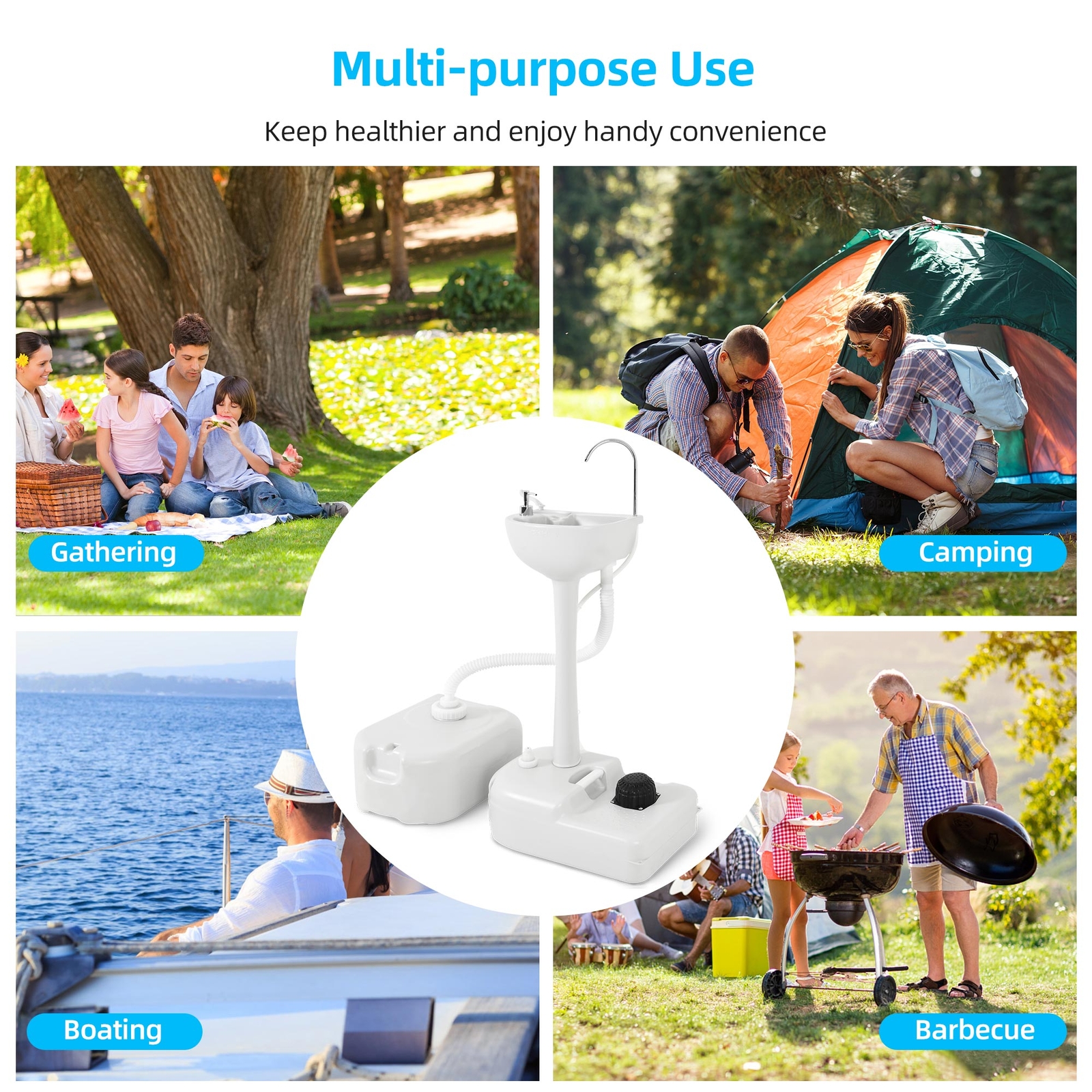 Portable Wash Sink Camping Sink Wash Basin Stand with 24L Recovery Tank Wheels