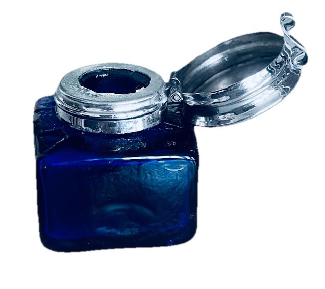 Vintage 1978 Square Cobalt Blue Glass Inkwell Bottle Sterling Silver Top