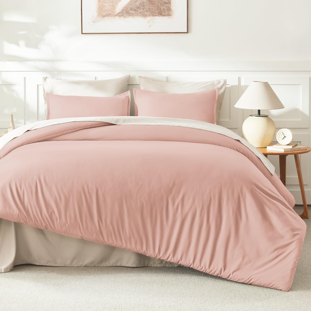 Pink Queen Size Comforter Set, 3 Pieces Blush Plain Bedding Comforter Set, Al...