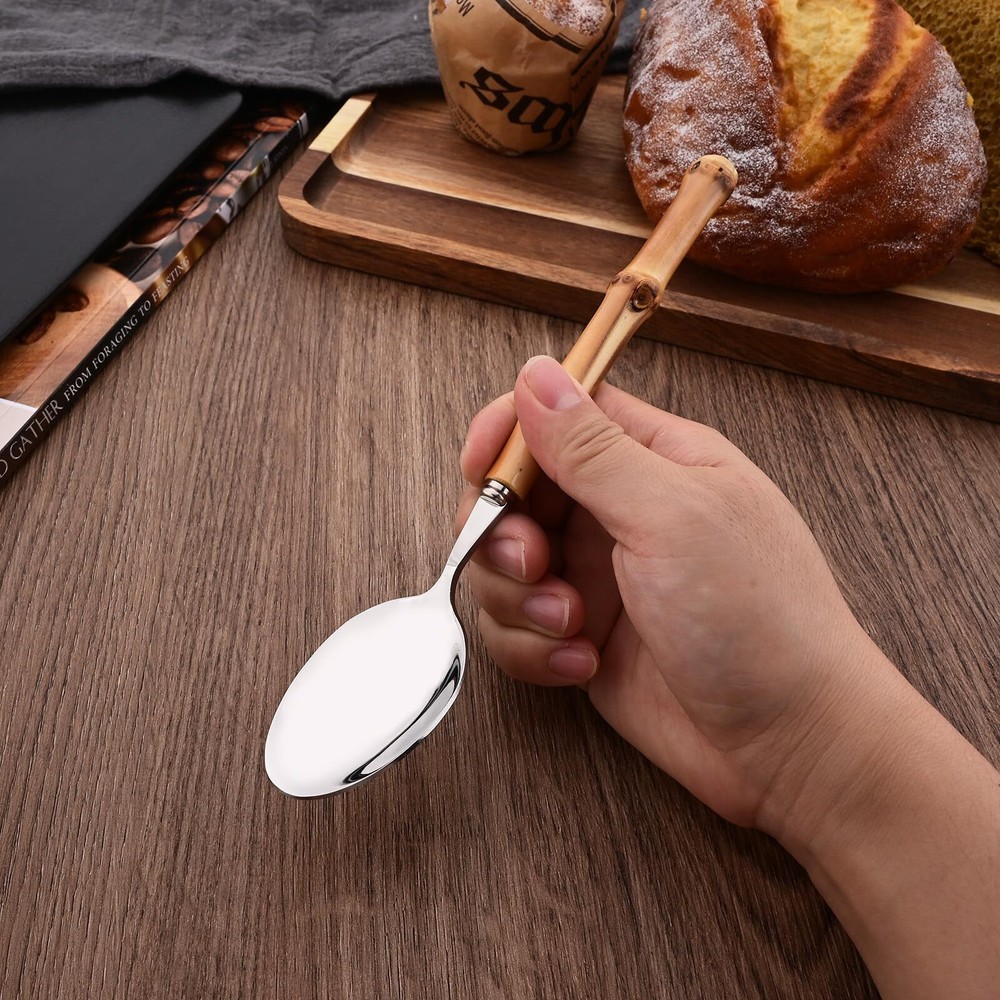 Bamboo Handle Silverware Set 30 Pcs Set for 6 Stainless Steel Flatware Set