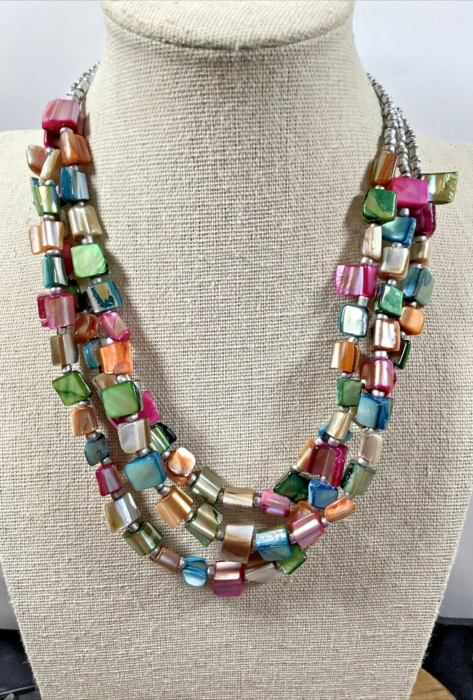Silver Tone Three Strand Colorful Dyed Shell Bib Necklace 18" Iridescent