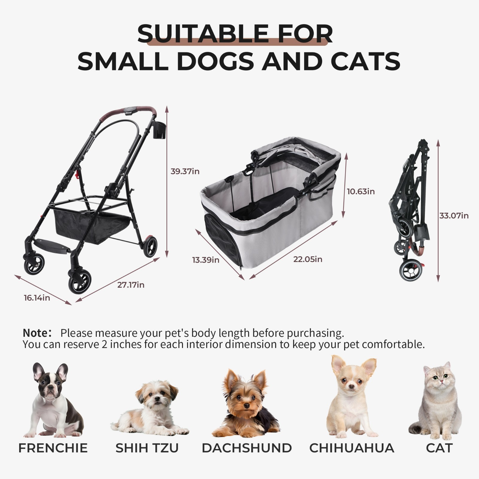 Foldable Pet Stroller 360° Rotating Wheels for Small Animals