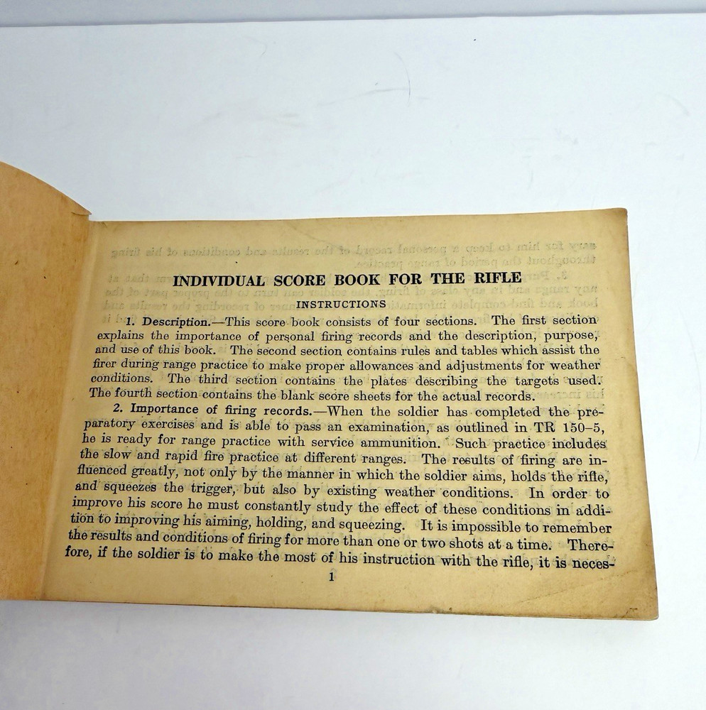 Original Pre WW2 U.S. "Individual Score Book for The Rifle" 1926 dated UNUSED