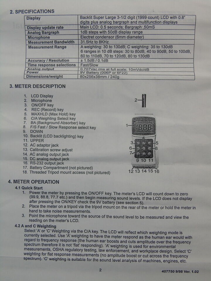 NOS Extech Instruments Digital Sound Level Meter 407750 with RS232