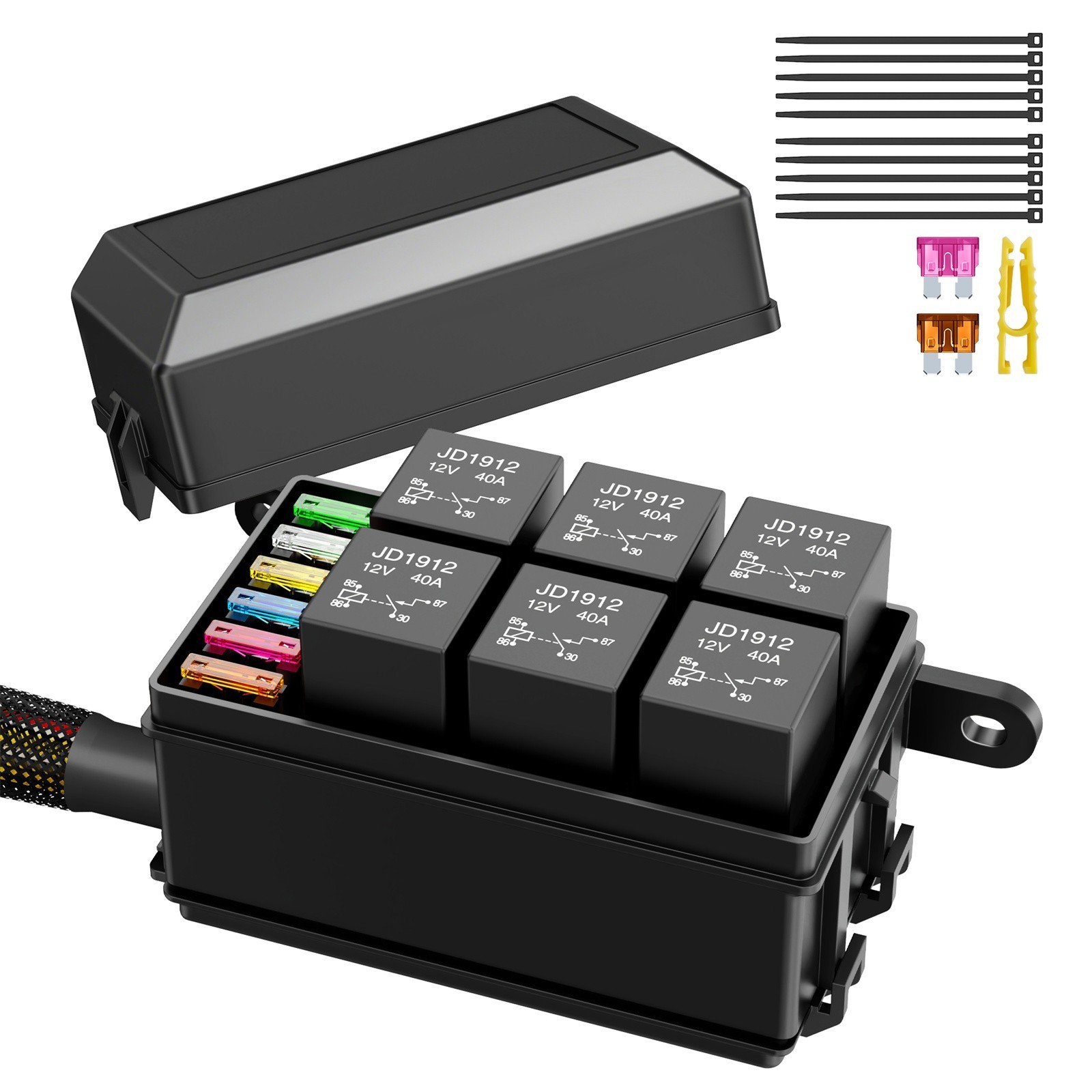Universal 12V Waterproof Automotive 6 ATO Fuse Relay Box Block w/ Harness Marine