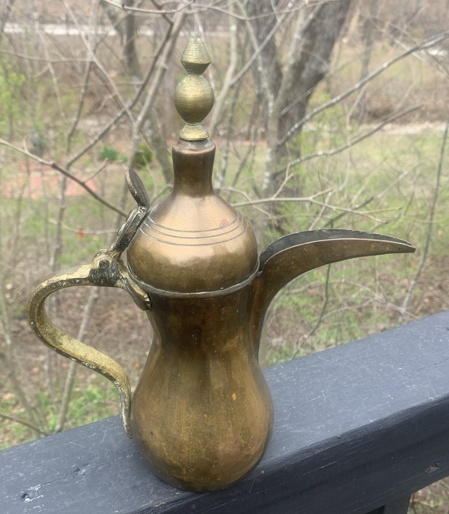 Vintage Handmade DALLAH Arabic Turkish Solid Brass Coffee Pot 10”T, Signed