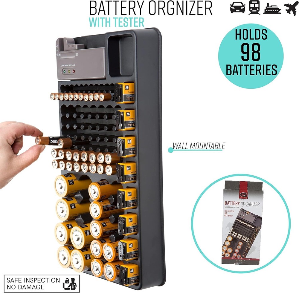 GForce Battery Organizer Storage Case with Built-In Tester Wall Mountable