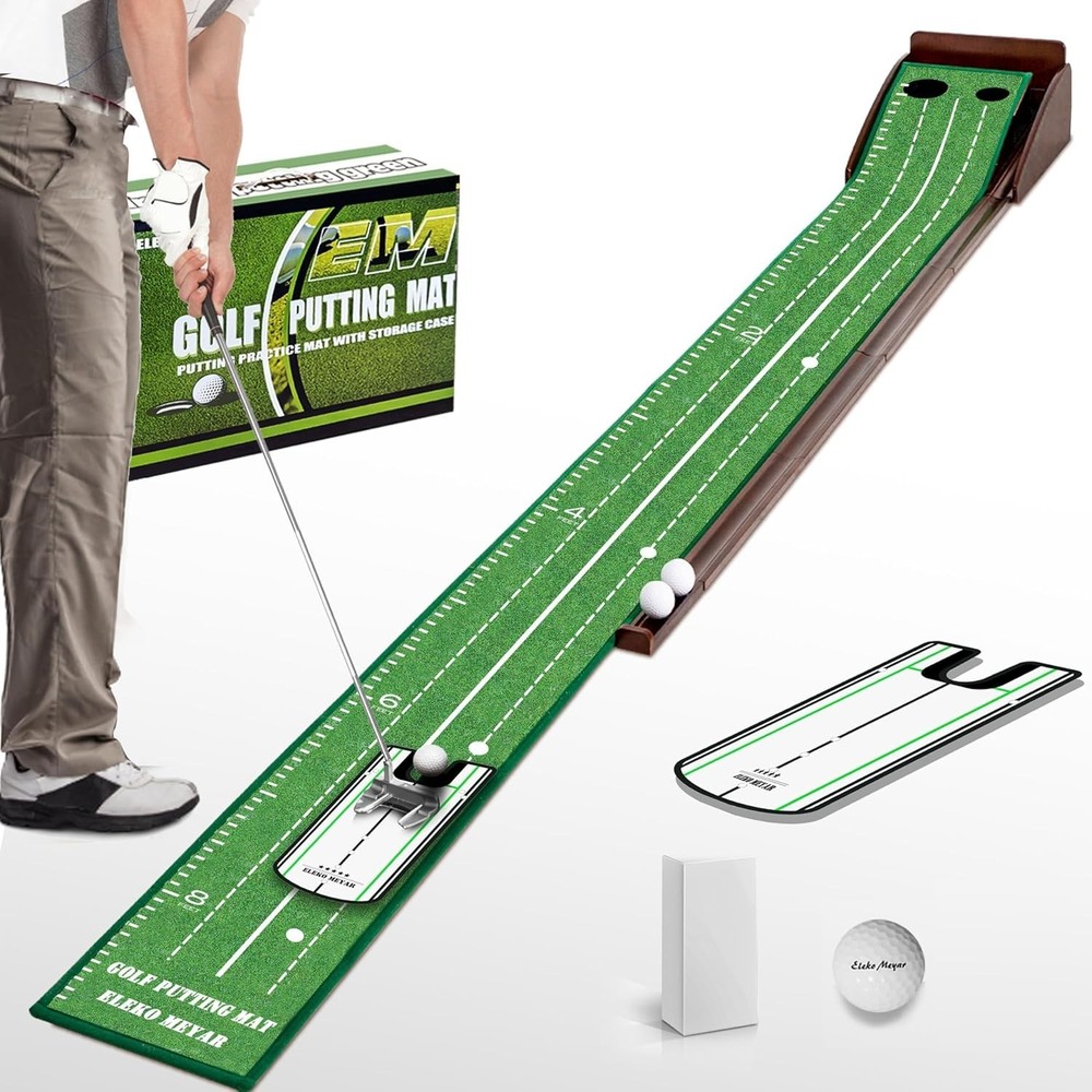 Foldable Portable Golf Putting Mat with Mirror & Automatic Ball Return System