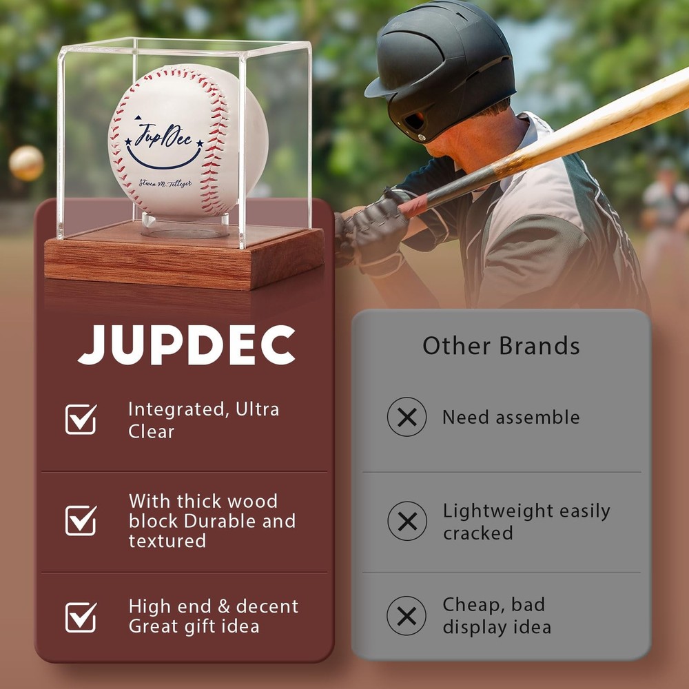JupDec Baseball Display Case, Clear Cube Holder with 2 Pack, Brown