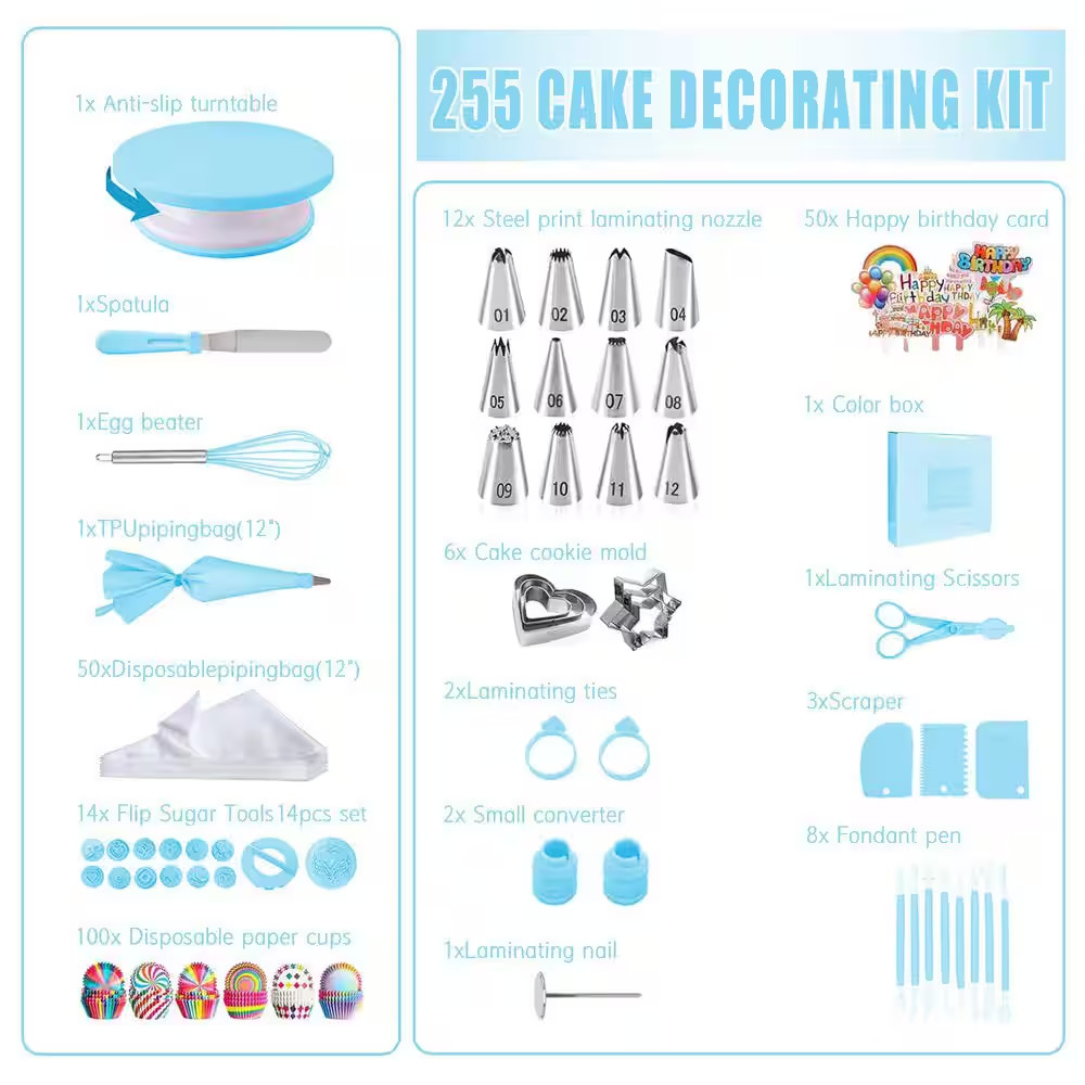 Cake Decorating Kit with Turntable, 12 Icing Tips, 255-Piece Set for Baking, Inc