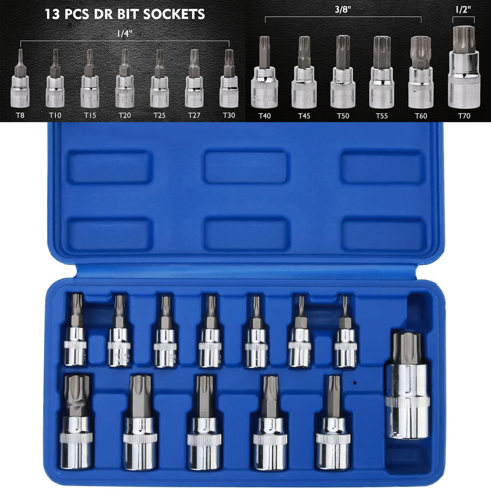 13PCS Drive Torx Bit Socket Set 1/4" 3/8" 1/2" T8-T70 Star Bit Socket Set Tool