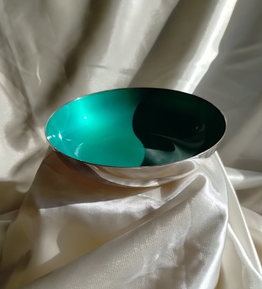 Vtg Reed & Barton TEAL GREEN Silver Plate Enamel Bowl small trinket candy 192