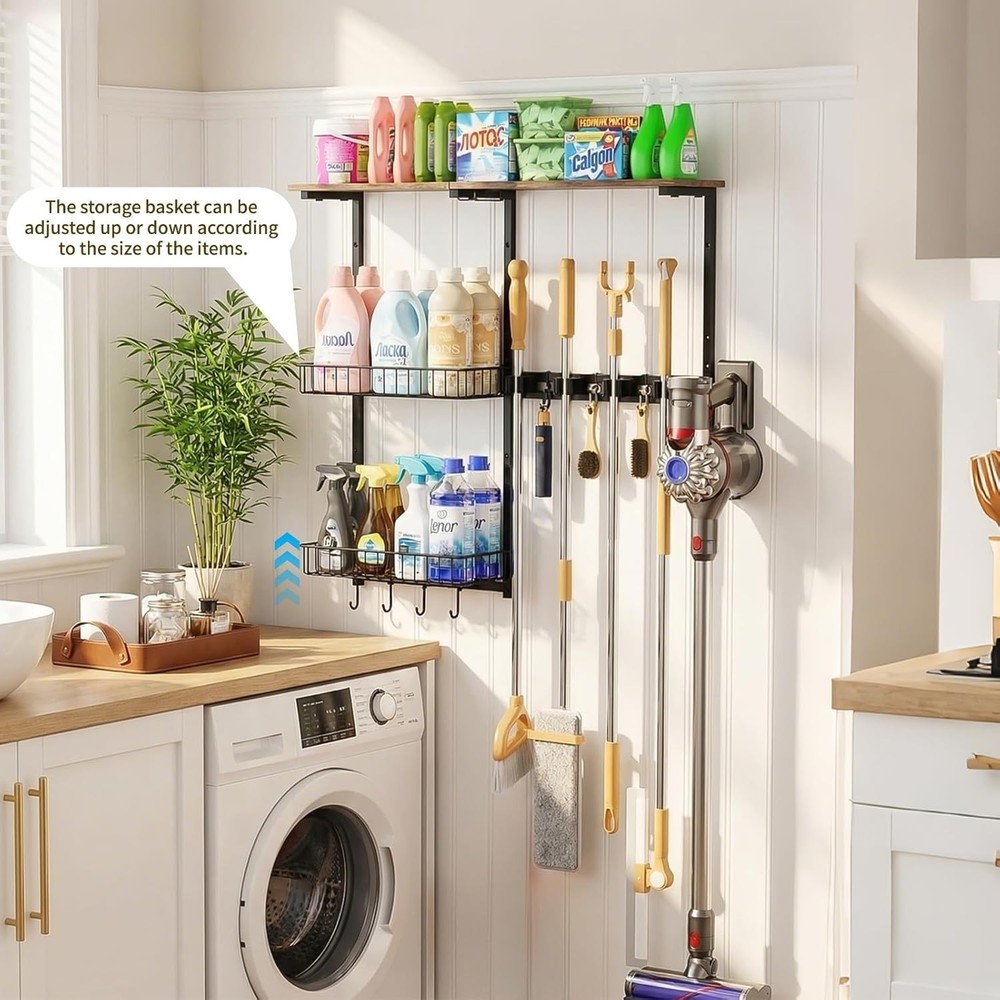 Dust-Proof Multi-Functional Wall Storage Rack for Cleaning Tools - Easy Install