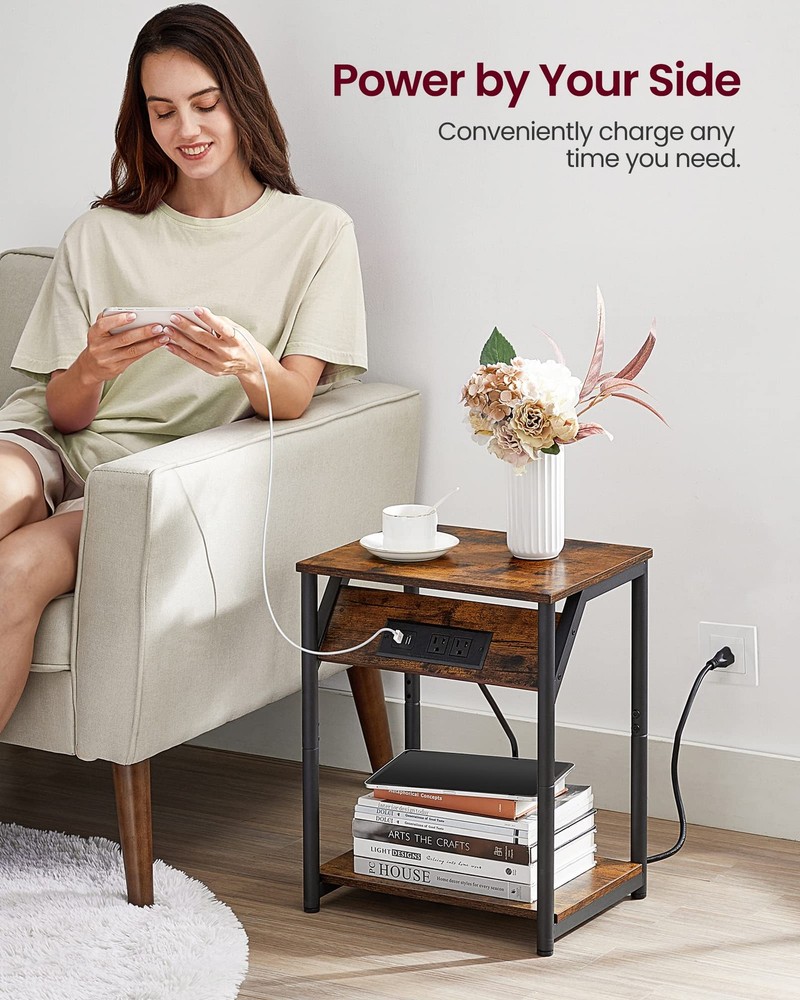End Table Charging Station Small Side Table Nightstand USB Outlets Brown