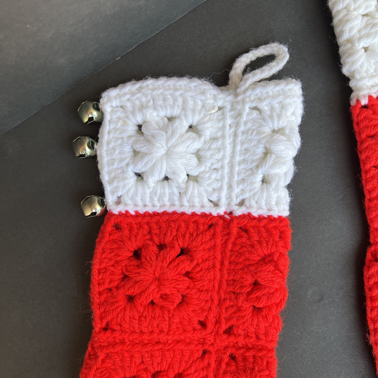 VTG Crochet Christmas Stockings Pair Red White Granny Squares Handmade 21” & 17”