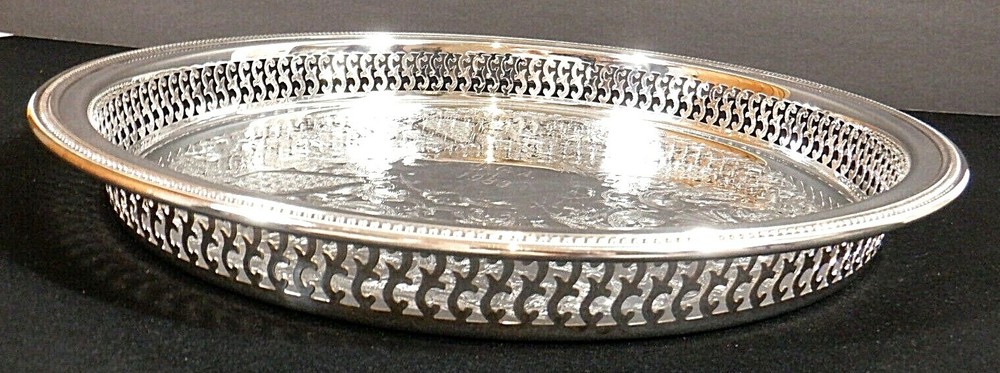 Silverplate Oneida USA Tray with Scroll Etching Raised Rim Pierced Design 13"