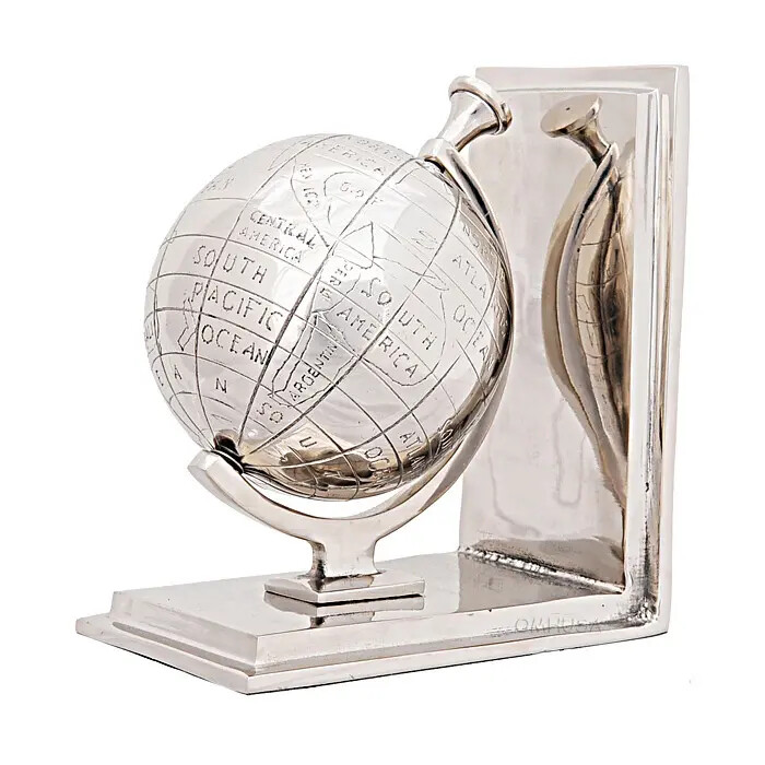 Aluminum Globe Bookends Set 2 World Map Study Library Desk Decor
