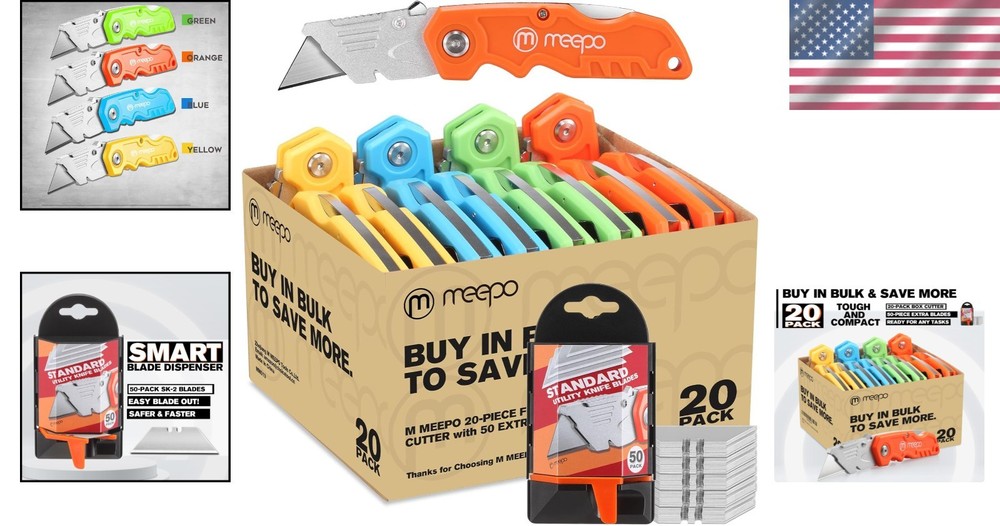 20-Pack Tough Folding Utility Knives with Extra Blades