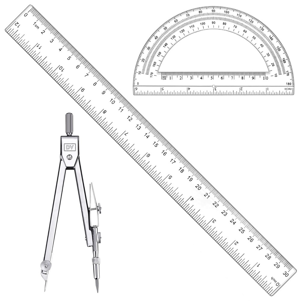 3 PCS Geometry Set 12 Inch Ruler Clear Protractor Compass Drawing Measuring