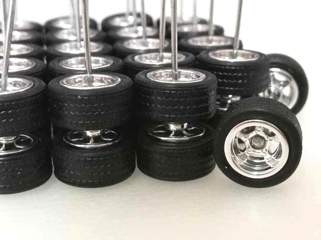 Hot Wheels 5 Spoke Long Axle Rubber Tire - 10 sets JDM (Chrome) 10 mm 1:64